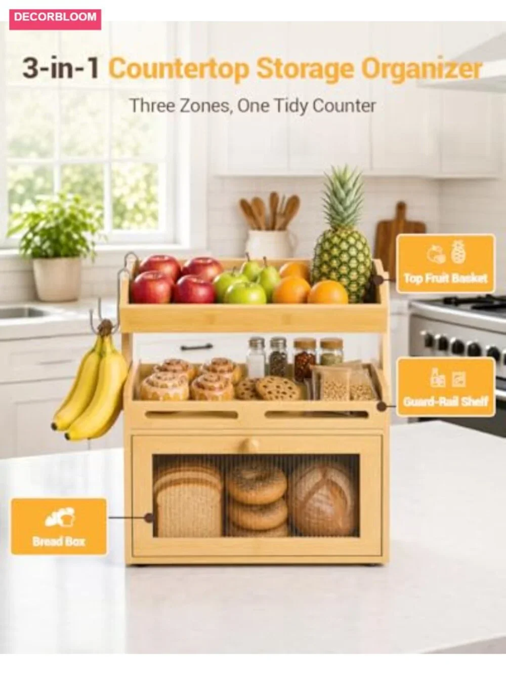 Bamboo Bread Box with Fruit Basket, Clear Door Magnetic Closure, Kitchen